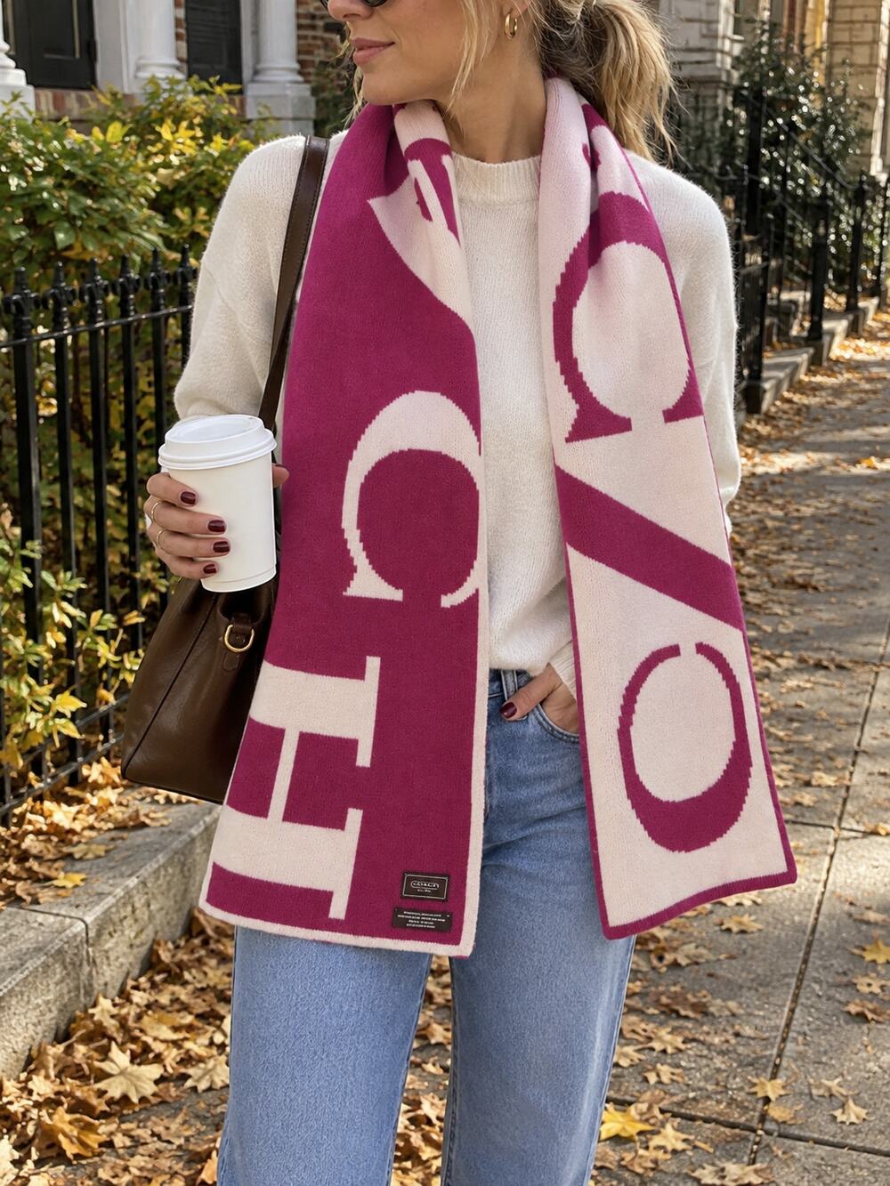 COACH Angora Cashmere Wool Blend Magenta Cream Bold Letter Scarf